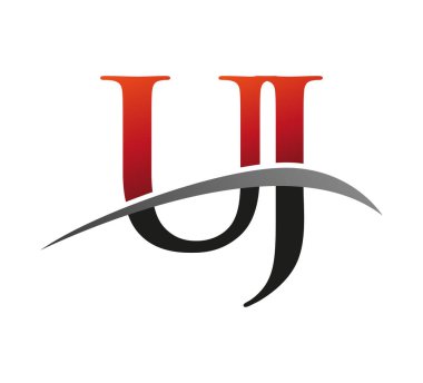 İlk harfi UJ logotype şirketi. Renkli kırmızı ve siyah desenli. Siyah arkaplanda izole.