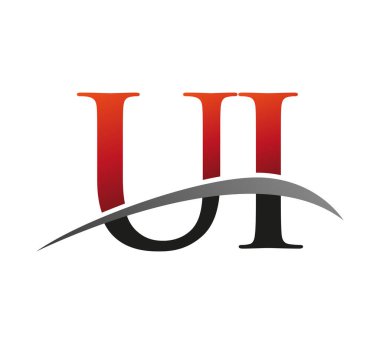 İlk harfi UI logotype şirketi. Renkli kırmızı ve siyah Swoosh tasarımı. Siyah arkaplanda izole.