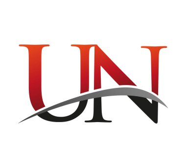 İlk harf Birleşmiş Milletler logoti şirketi adı kırmızı ve siyah Swoosh tasarımı. Siyah arkaplanda izole.