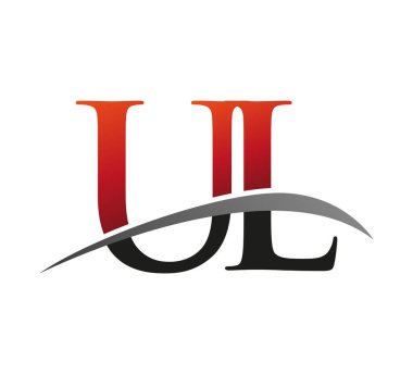 İlk harfi UL logotype şirketi. Renkli kırmızı ve siyah Swoosh tasarımı. Siyah arkaplanda izole.