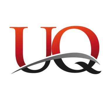 İlk harfi UQ logotype şirketi. Renkli kırmızı ve siyah Swoosh tasarımı. Siyah arkaplanda izole.