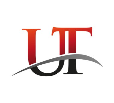 İlk harfi UT logotype şirketi. Renkli kırmızı ve siyah Swoosh tasarımı. Siyah arkaplanda izole.