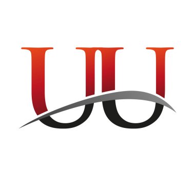 İlk harfi UU logotype şirketi. Renkli kırmızı ve siyah Swoosh tasarımı. Siyah arkaplanda izole.