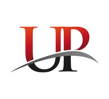 İlk harf UP logotype şirketi adı Renkli Kırmızı ve Siyah Swoosh tasarımı. Siyah arkaplanda izole.