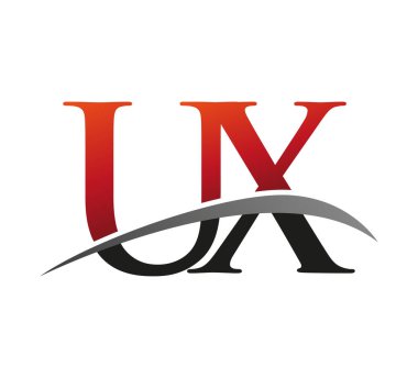 İlk harfi UX logotype şirketi. Renkli kırmızı ve siyah desenli. Siyah arkaplanda izole.