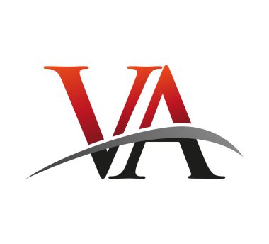 İlk harf VA logotype şirketinin adı: Renkli kırmızı ve siyah Swoosh tasarımı. Siyah arkaplanda izole.