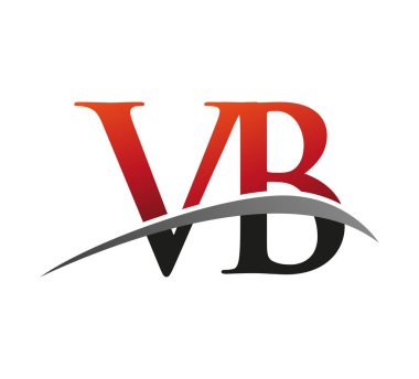 İlk harfi VB logotype şirketi. Renkli kırmızı ve siyah Swoosh tasarımı. Siyah arkaplanda izole.