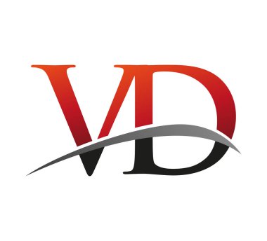 İlk harf VD logotype şirketi adı kırmızı ve siyah Swoosh tasarımı. Siyah arkaplanda izole.