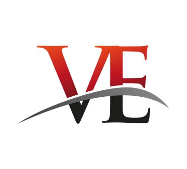 İlk harf VE logotype şirketi adı: Renkli kırmızı ve siyah Swoosh tasarımı. Siyah arkaplanda izole.