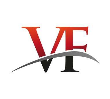 İlk harfi VF logotype şirketi. Renkli kırmızı ve siyah Swoosh tasarımı. Siyah arkaplanda izole.