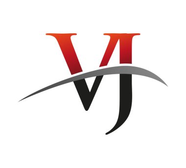 İlk harf VJ logotype şirketi adı kırmızı ve siyah desenli. Siyah arkaplanda izole.