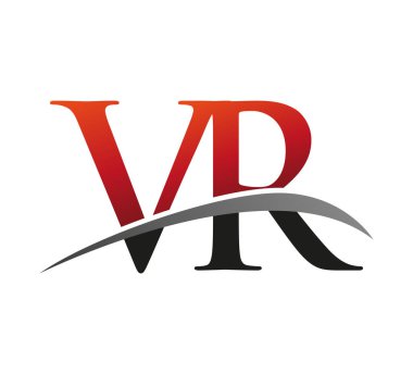 İlk harf VR logotype şirketi. Renkli kırmızı ve siyah Swoosh tasarımı. Siyah arkaplanda izole.