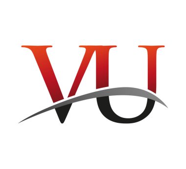 İlk harfi VU logotype şirketi. Renkli kırmızı ve siyah Swoosh tasarımı. Siyah arkaplanda izole.