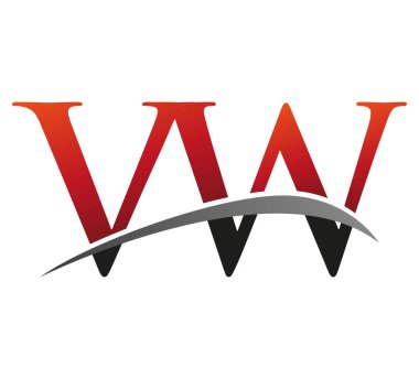 İlk harfi VW logotype şirketi. Renkli kırmızı ve siyah Swoosh tasarımı. Siyah arkaplanda izole.