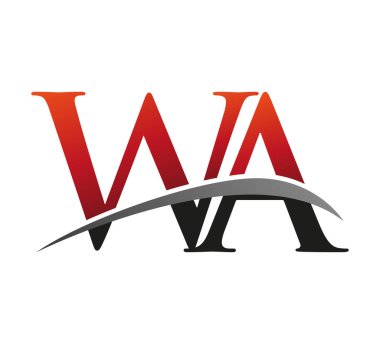 İlk harf WA logotype şirketi adı: Renkli kırmızı ve siyah Swoosh tasarımı. Siyah arkaplanda izole.