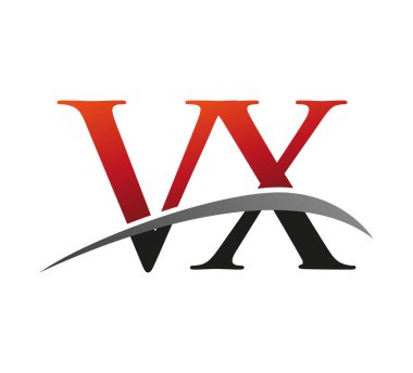 İlk harf VX logotype şirketi adı kırmızı ve siyah Swoosh tasarımı. Siyah arkaplanda izole.