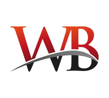 İlk harf WB logotype şirket adı kırmızı ve siyah swoosh tasarımı. Siyah arkaplanda izole.