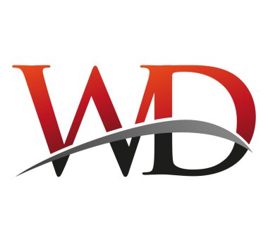 İlk harf WD logotype şirketi adı kırmızı ve siyah Swoosh tasarımı. Siyah arkaplanda izole.