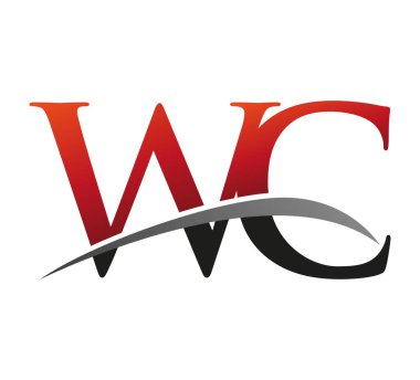 İlk harfi WC logotype şirketi. Renkli kırmızı ve siyah Swoosh tasarımı. Siyah arkaplanda izole.