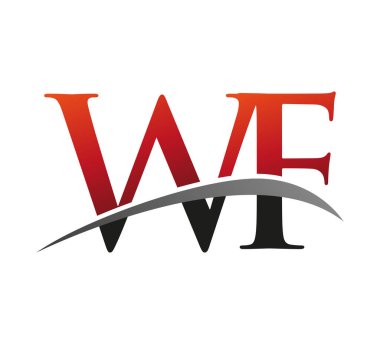 İlk harfi WF logotype şirketi. Renkli kırmızı ve siyah Swoosh tasarımı. Siyah arkaplanda izole.
