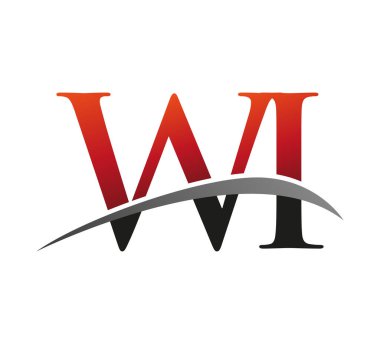 İlk harf WI logotype şirketi adı kırmızı ve siyah Swoosh tasarımı. Siyah arkaplanda izole.