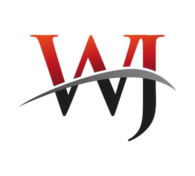 İlk harfi WJ logotype şirketi. Renkli kırmızı ve siyah Swoosh tasarımı. Siyah arkaplanda izole.