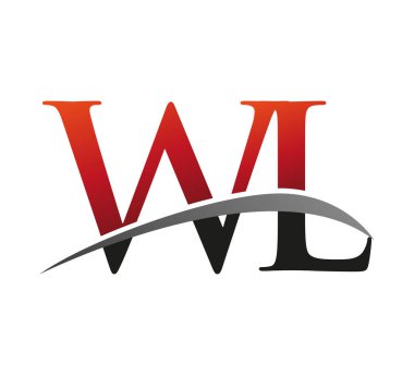 İlk harf WL logotype şirket adı kırmızı ve siyah swoosh tasarımı. Siyah arkaplanda izole.