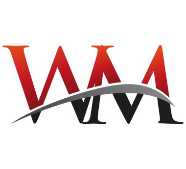 İlk harfi WM logotype şirketi. Renkli kırmızı ve siyah Swoosh tasarımı. Siyah arkaplanda izole.