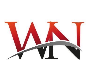 İlk harf WN logotype şirketi adı: Renkli kırmızı ve siyah Swoosh tasarımı. Siyah arkaplanda izole.