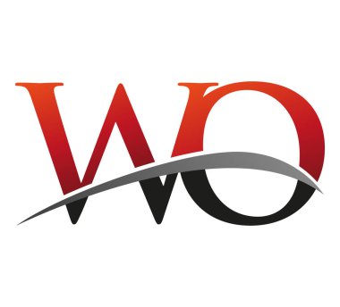 İlk harf WO logotype şirketi adı kırmızı ve siyah Swoosh tasarımı. Siyah arkaplanda izole.