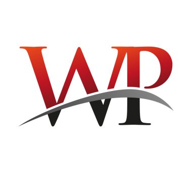 İlk harf WP logotype şirketi adı kırmızı ve siyah Swoosh tasarımı. Siyah arkaplanda izole.