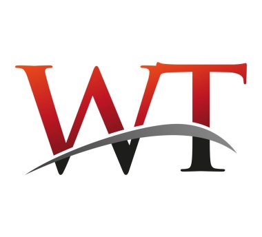 İlk harfi WT logotype şirketi. Renkli kırmızı ve siyah desenli. Siyah arkaplanda izole.