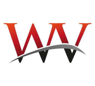 İlk harfi WV logotype şirketi. Renkli kırmızı ve siyah Swoosh tasarımı. Siyah arkaplanda izole.