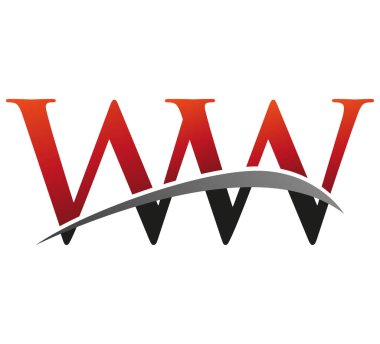 İlk harfi WW logotype şirketi. Renkli kırmızı ve siyah Swoosh tasarımı. Siyah arkaplanda izole.