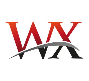 İlk harfi WX logotype şirketi. Renkli kırmızı ve siyah Swoosh tasarımı. Siyah arkaplanda izole.