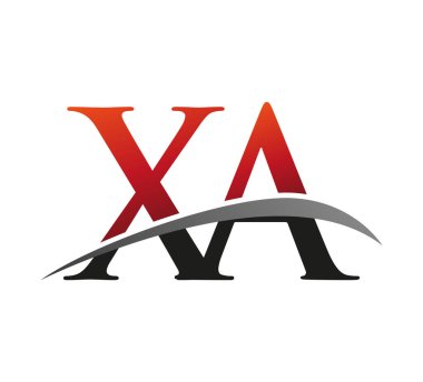 İlk harf XA logotype şirketi adı kırmızı ve siyah Swoosh tasarımı. Siyah arkaplanda izole.