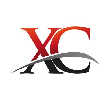 İlk harf XC logotype şirketi adı kırmızı ve siyah swoosh tasarımı. Siyah arkaplanda izole.