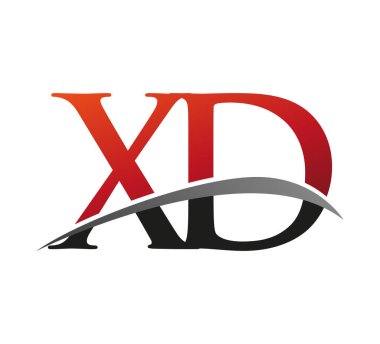 İlk harf XD logotype şirketi adı kırmızı ve siyah swoosh tasarımı. Siyah arkaplanda izole.
