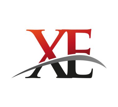 İlk harf XE logotype şirketi. Renkli kırmızı ve siyah Swoosh tasarımı. Siyah arkaplanda izole.
