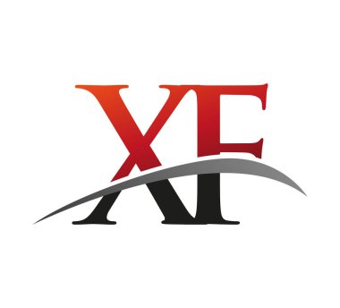 İlk harf XF logotype şirketi adı kırmızı ve siyah swoosh tasarımı. Siyah arkaplanda izole.