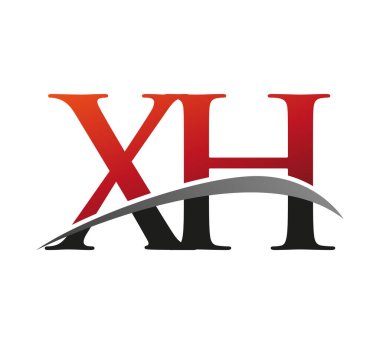 İlk harfi XH logotype şirketi. Renkli kırmızı ve siyah Swoosh tasarımı. Siyah arkaplanda izole.