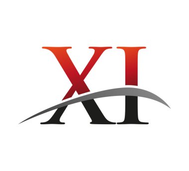 İlk harf XI logotype şirketi adı kırmızı ve siyah Swoosh tasarımı. Siyah arkaplanda izole.
