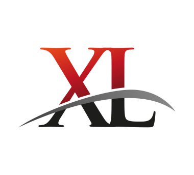 İlk harf XL logotype şirket adı kırmızı ve siyah swoosh tasarımı. Siyah arkaplanda izole.