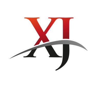 İlk harf XJ logotype şirketi adı kırmızı ve siyah swoosh tasarımı. Siyah arkaplanda izole.