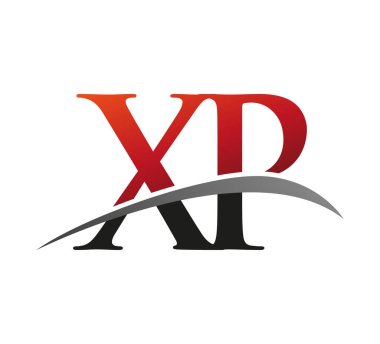 İlk harf XP logotype şirketi adı kırmızı ve siyah Swoosh tasarımı. Siyah arkaplanda izole.