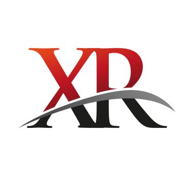 İlk harf XR logotype şirketi. Renkli kırmızı ve siyah Swoosh tasarımı. Siyah arkaplanda izole.