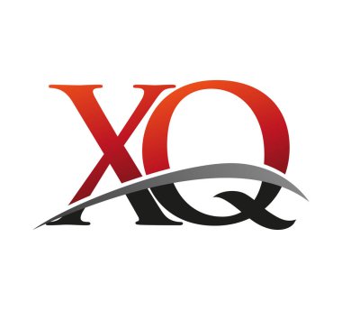 İlk harf XQ logotype şirketi. Renkli kırmızı ve siyah Swoosh tasarımı. Siyah arkaplanda izole.