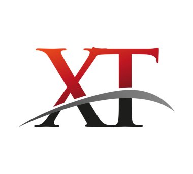 İlk harf XT logotype şirketinin adı: Renkli kırmızı ve siyah Swoosh tasarımı. Siyah arkaplanda izole.