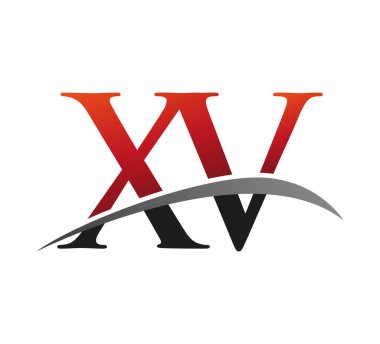 İlk harf XV logotype şirketi adı kırmızı ve siyah swoosh tasarımı. Siyah arkaplanda izole.