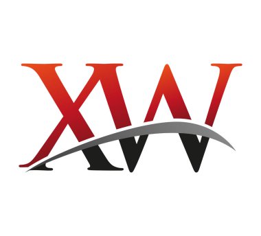 İlk harfi XW logotype şirketi. Renkli kırmızı ve siyah Swoosh tasarımı. Siyah arkaplanda izole.